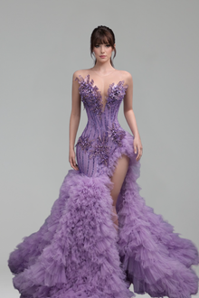 Plunging Corset Ruffle Evening Dress - LAROSABRIDE