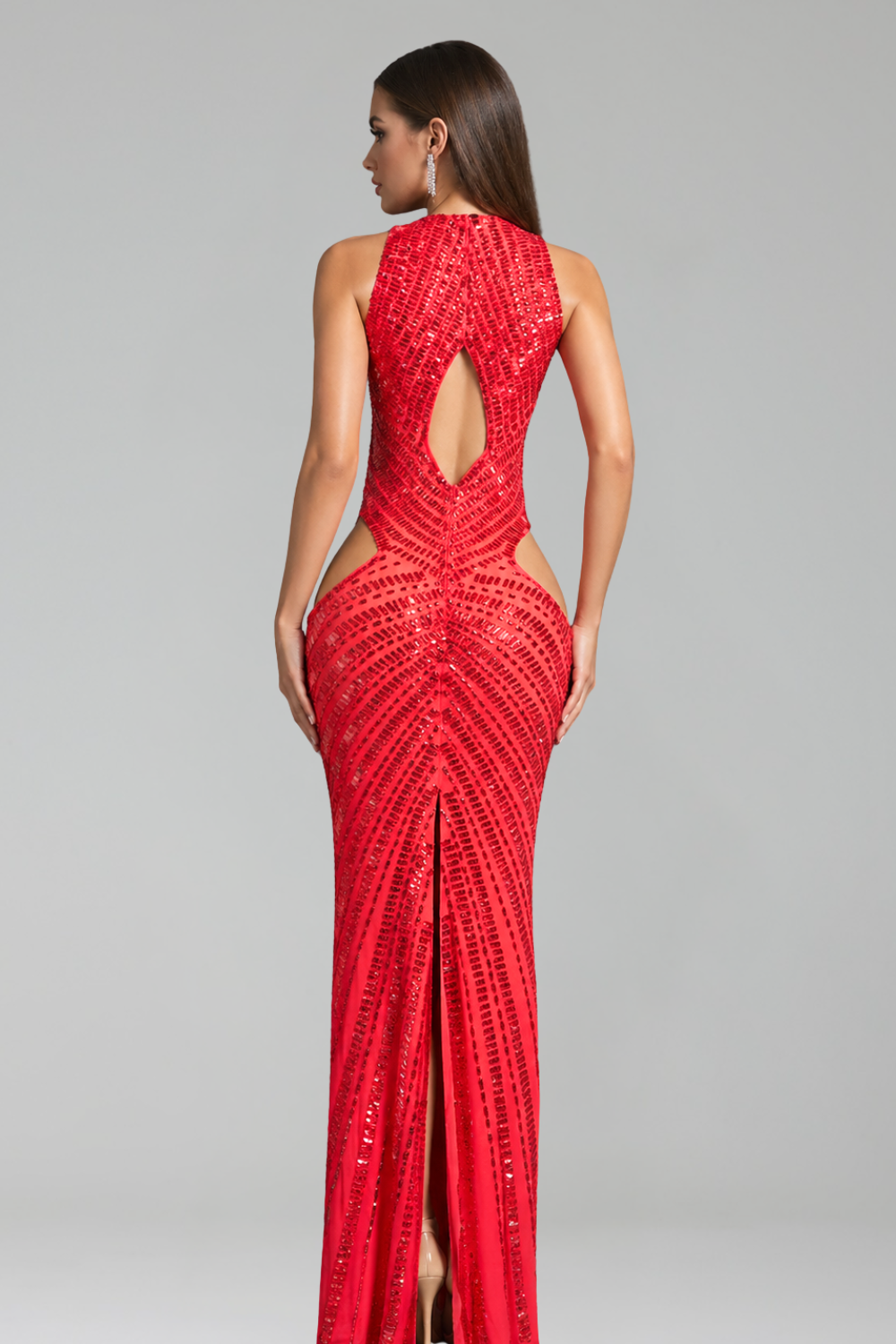 Cutout Embellished Halter Column Gown - LAROSABRIDE