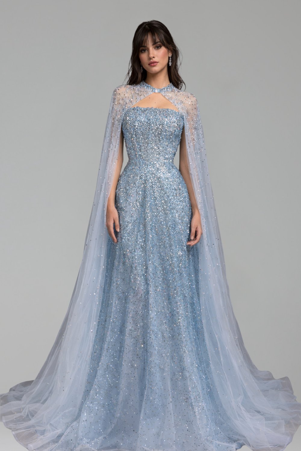 Beaded Mesh Cape Gown - LAROSABRIDE