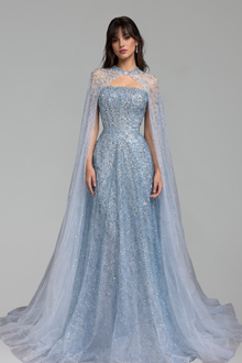 Beaded Mesh Cape Gown - LAROSABRIDE