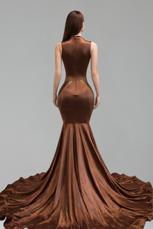 Sheer Embellished Satin Cape Gown - LAROSABRIDE