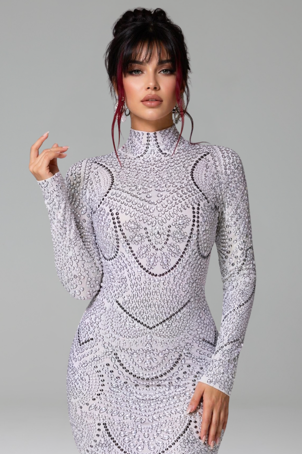 Crystal Embellished High-Neck Bodycon Dress - LAROSABRIDE