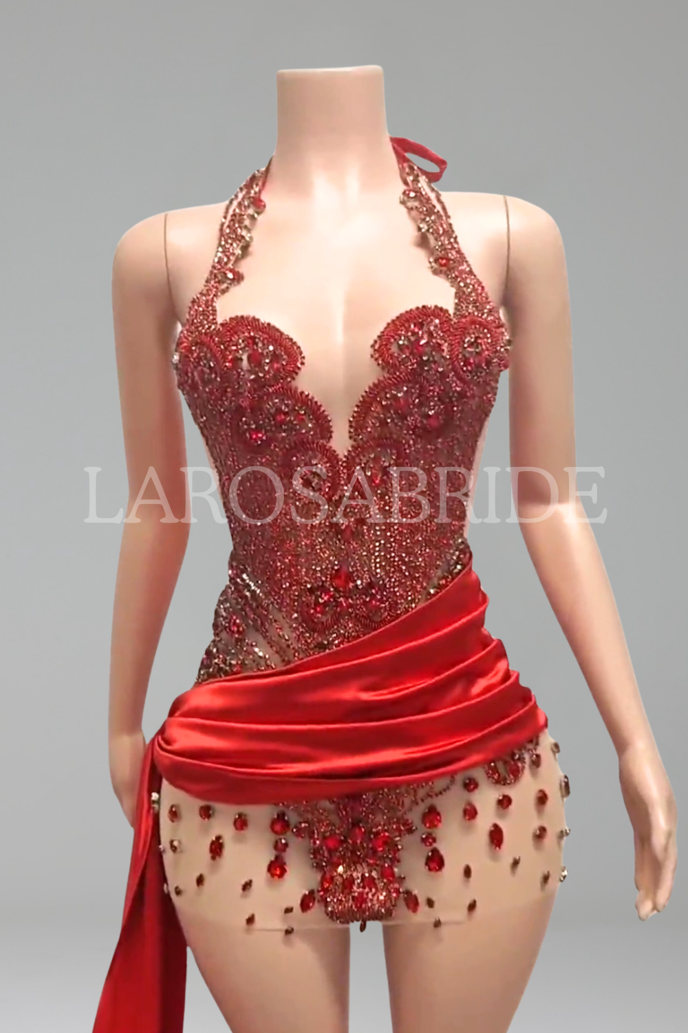 Halter Beaded Draped Mini Dress-Larosabride