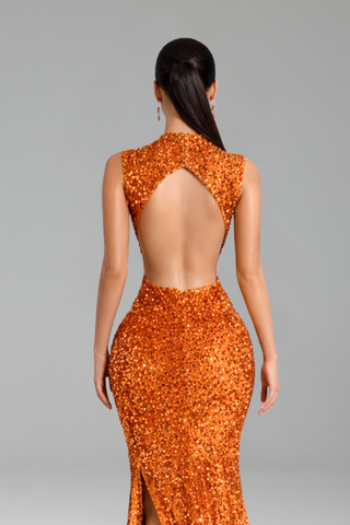 Feather Trim Sequin Gown