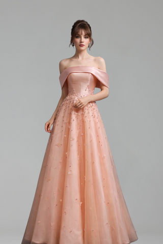 Peach Off-the-Shoulder A-Line Satin Gown - LAROSABRIDE