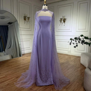 Ships in 2 to 5 Days - Elegant Lilac Strapless Evening Gown – Luxury Beaded Dress with Long Cape for Parties
