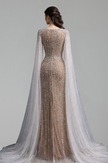 Pearls Beaded Dress with Cape Sleeves - LAROSABRIDE