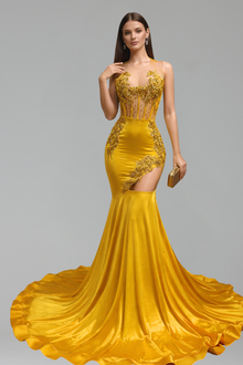Sheer Embellished Mermaid Satin Gown - LAROSABRIDE