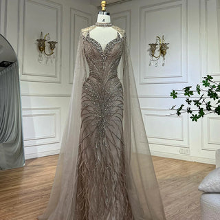 Ships in 2 to 5 Days -Caramel Beaded Feathered Mermaid Evening Dress with Detachable Cape Sleeves – Gown for Formal Occasions