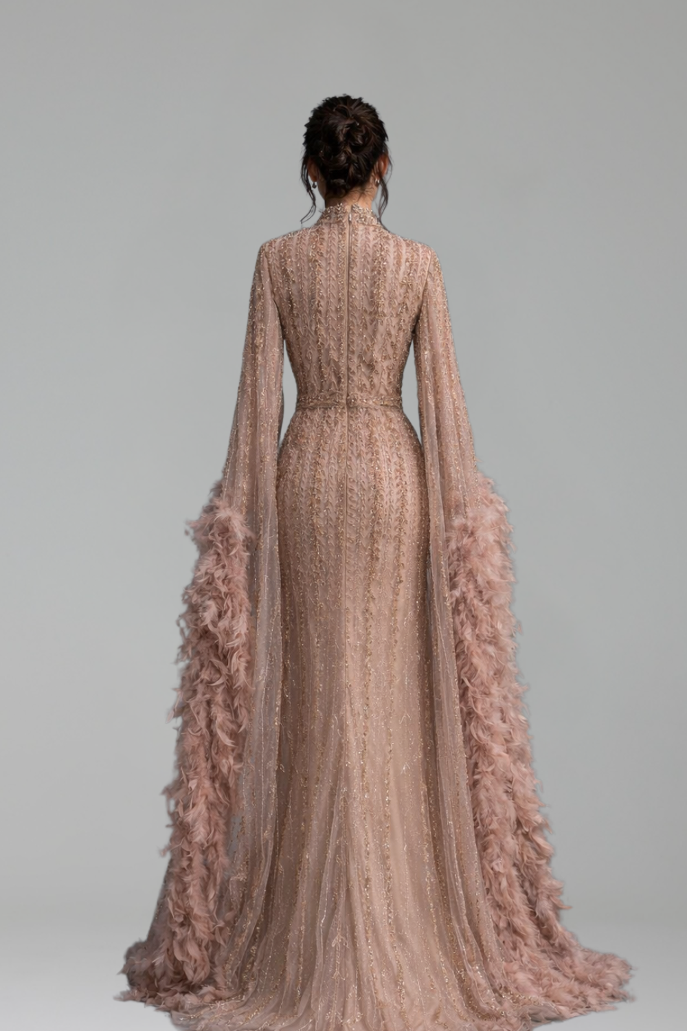 Gown with Feathered Cape Sleeves - LAROSABRIDE