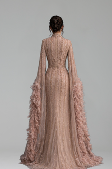 Gown with Feathered Cape Sleeves - LAROSABRIDE