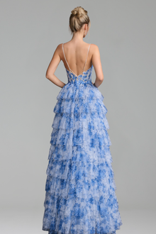blue print floral Ruffle prom dress - LAROSABRIDE