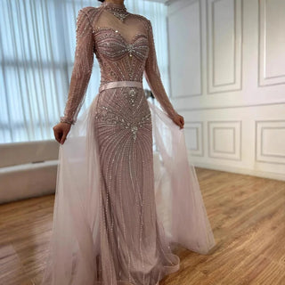 Ships in 2 to 5 Days - Luxury Nude Beaded Arabic-Style Evening Dress – Elegant Gown with Detachable Overskirt