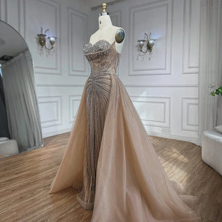 Ships in 2 to 5 Days - Pink Crystal Beaded Mermaid Evening Gown with Overskirt – Customized 2025 Saudi Formal Dress
