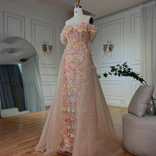 Ships in 2 to 5 Days - 2025 Customized Nude Floral Beaded Off-Shoulder Corset Evening Dress with Overskirt – For Formal Occasions