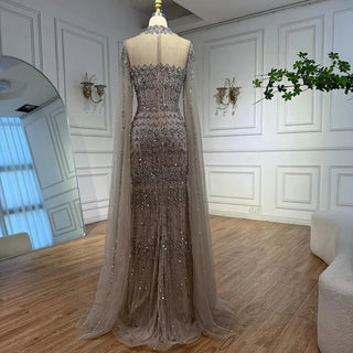 High-Neck Beaded Cape Gown