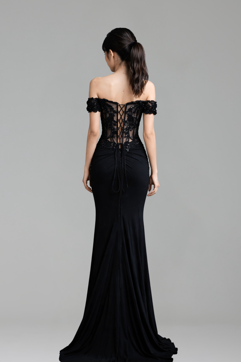 Black Lace Off Shoulder Prom Dress - LAROSABRIDE