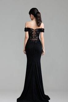 Black Lace Off Shoulder Prom Dress - LAROSABRIDE