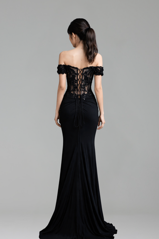 Black Lace Off Shoulder Prom Dress - LAROSABRIDE