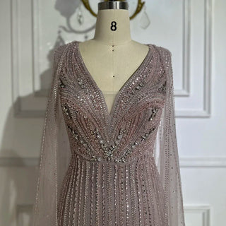 Ships in 2 to 5 Days - 2025 Custom Arabic Pink Luxury Evening Gown – Beaded Dress with Cape Sleeves for Weddings & Parties