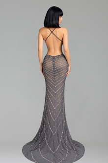 Black Crystal Halter Slit Gown - LAROSABRIDE