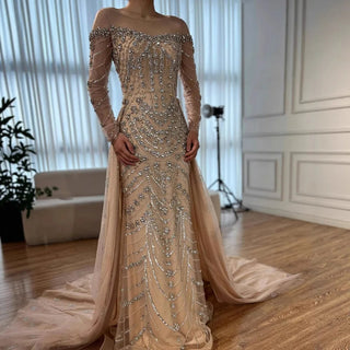 Ships in 2 to 5 Days -Luxury Beaded Off-Shoulder Evening Gown – Long Sleeve Formal Dress with Elegant Train