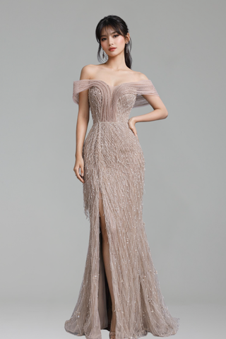 Off Shoulder Beaded Mermaid Gown - LAROSABRIDE