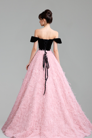 Pink Beaded Feather A-Line Off-Shoulder - LAROSABRIDE