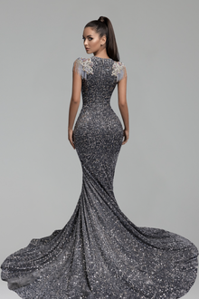 Cap Sleeve Sequin Slit Train-Larosabride