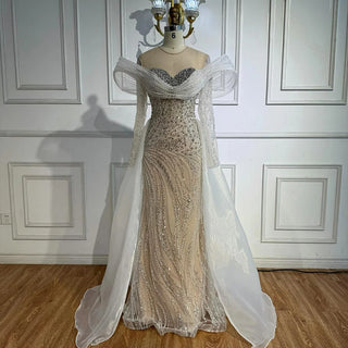 Ships in 2 to 5 Days - Luxury White Nude Beaded Mermaid Evening Dress – Saudi-Inspired Formal Gown with Overskirt