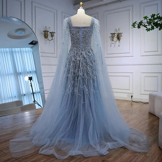 Ships in 2 to 5 Days - Luxury Elegant Blue Beaded A-Line Evening Dress – Formal Gown with Feather Details.