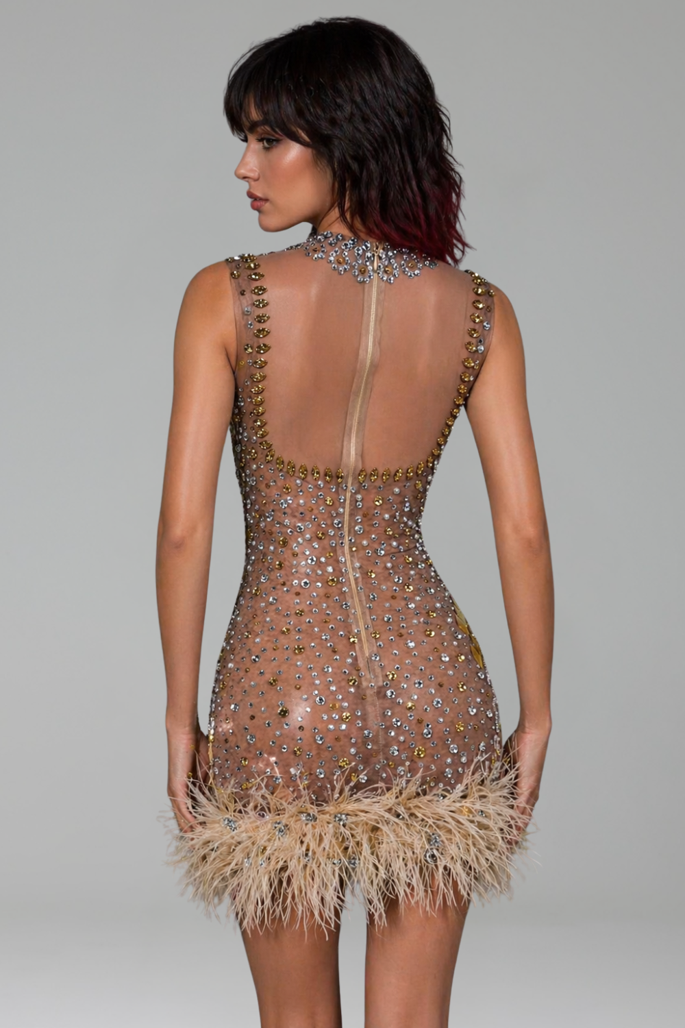 Mirror Embellished Sheer Feather-Hem Mini - LAROSABRIDE