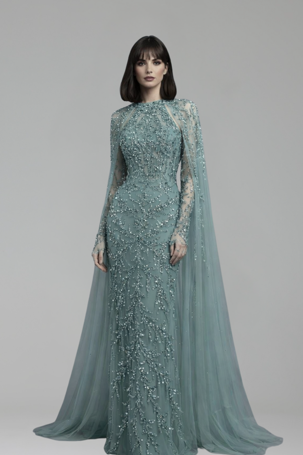 Beaded Cape Sleeve Mermaid Dress - LAROSABRIDE