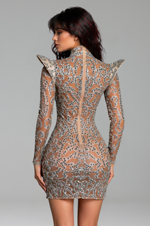 Sheer Embellished Long-Sleeve Bodycon Dress - LAROSABRIDE