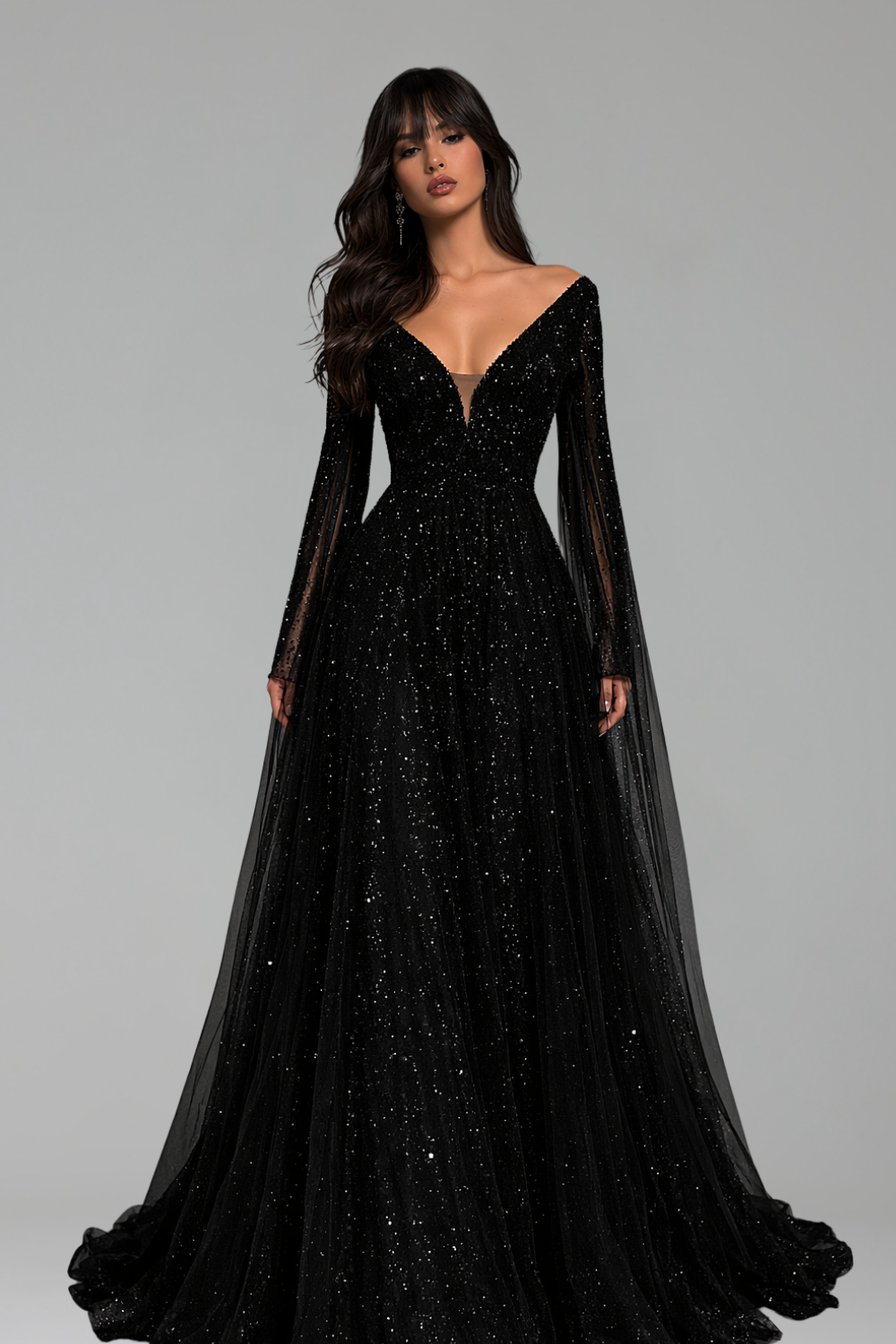 Black Beaded A-Line Cape Sleeves Gown - LAROSABRIDE