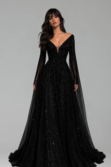 Black Beaded A-Line Cape Sleeves Gown - LAROSABRIDE