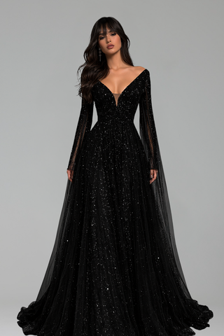 Black Beaded A-Line Cape Sleeves Gown - LAROSABRIDE