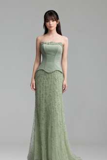Satin Beaded Gown with Bodice - LAROSABRIDE