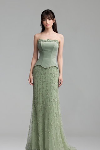 Satin Beaded Gown with Bodice
