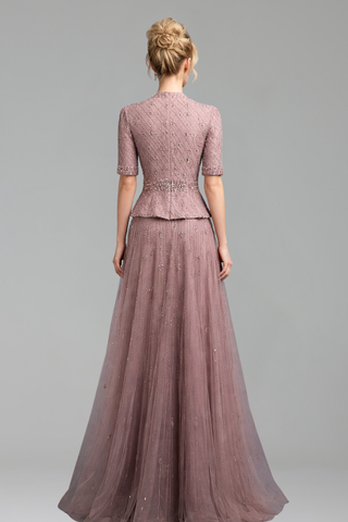 Blush Embellished Peplum Evening Gown - LAROSABRIDE