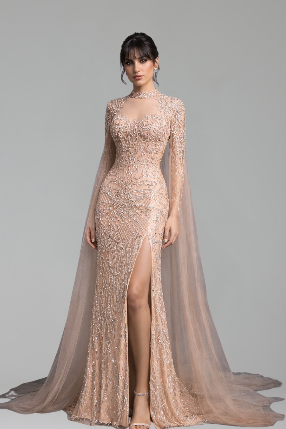 Beaded Cape Mermaid Dress - LAROSABRIDE