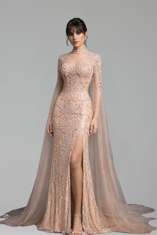 Beaded Cape Mermaid Dress - LAROSABRIDE