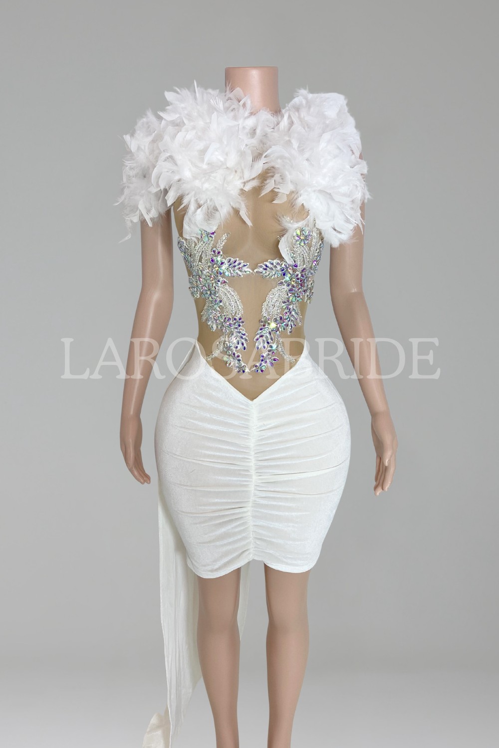 Feather Collar Ruched Mesh Mini Dress-Larosabride