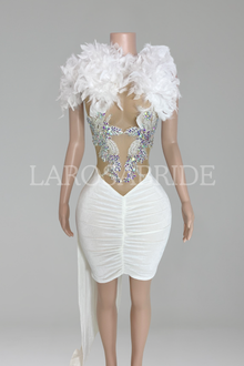 Feather Collar Ruched Mesh Mini Dress-Larosabride