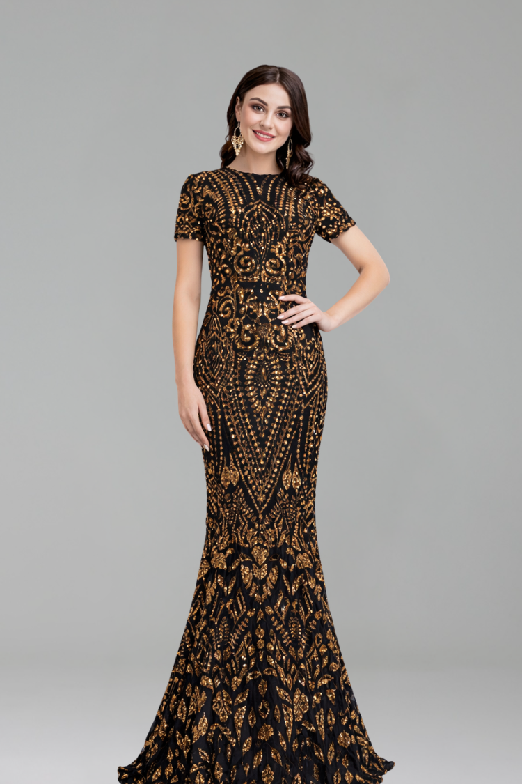 Short Sleeve Embellished Mermaid Gown - LAROSABRIDE