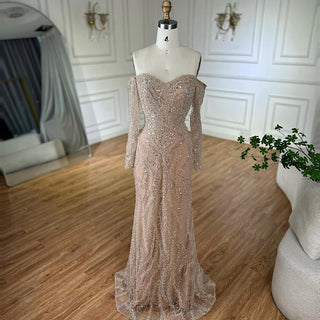 Ships in 2 to 5 Days - Luxury Beaded Off-Shoulder Evening Gown – Long Sleeve Dress with Sparkling Sequins