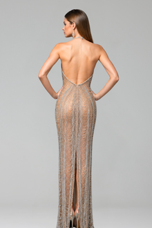 Crystal Drape Halter Column Gown - LAROSABRIDE