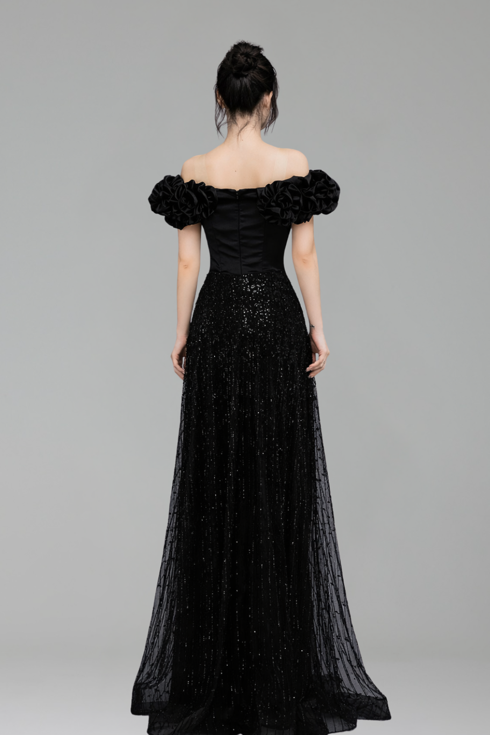 Black Off Shoulder With Flower Sleeves - LAROSABRIDE