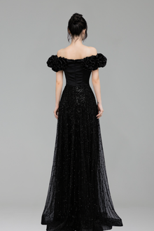 Black Off Shoulder With Flower Sleeves - LAROSABRIDE