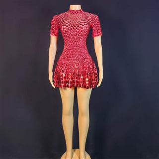 Sequin Mirror Mini Dress – Short Sleeve Bodycon Stage & Party Dress